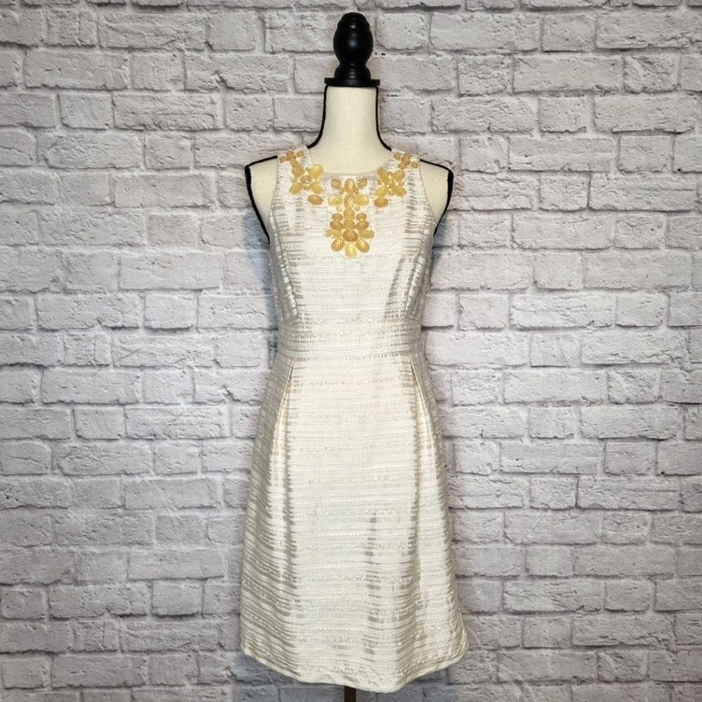 Eliza J Dress Cream Yellow Jeweled Scoop Necline Sleeveless Silk Women's Size M - Picture 2 of 15